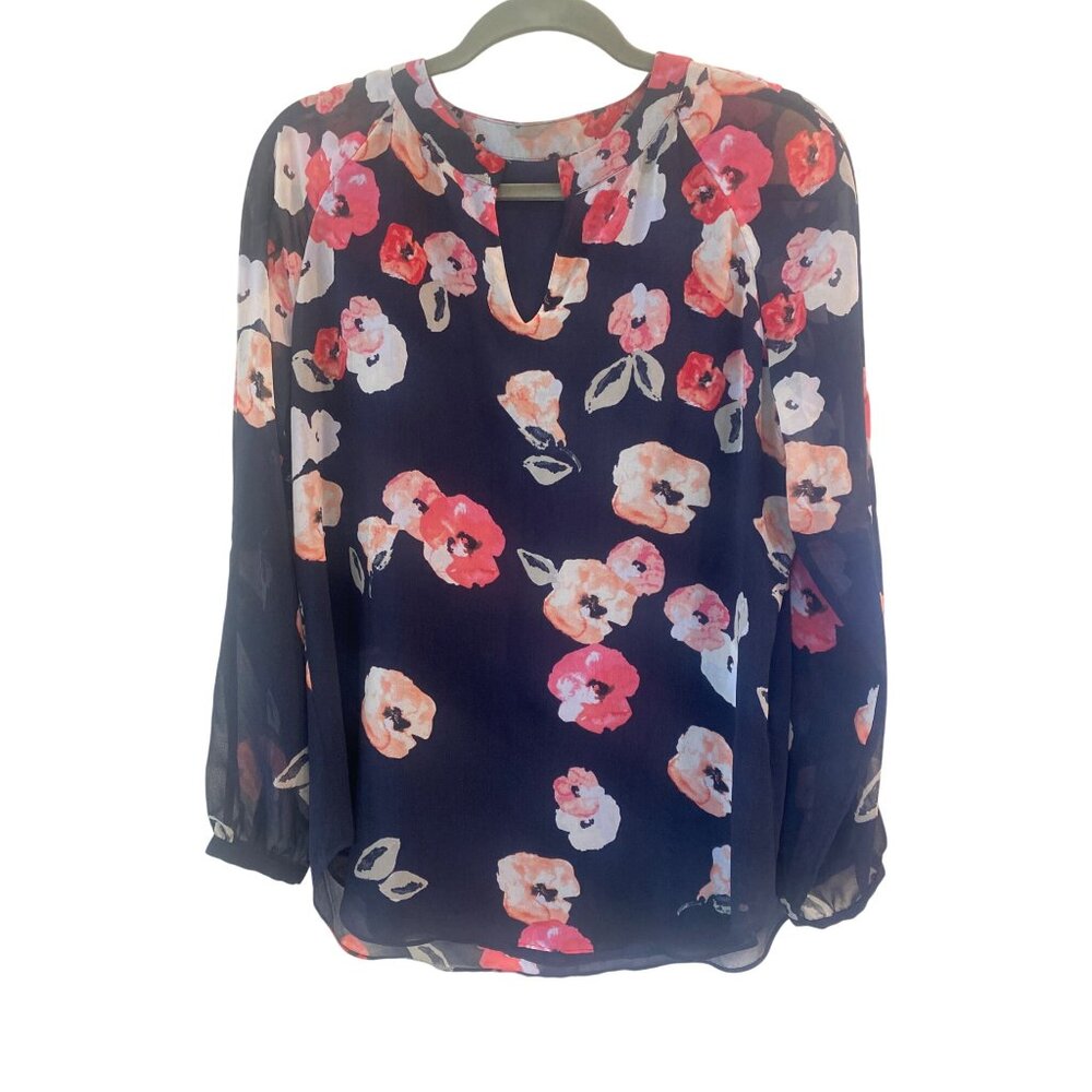 CAbi Poppy Blouse Medium* Tunic Top Navy Pink Floral Sheer lined Long Sleeve - Picture 2 of 10